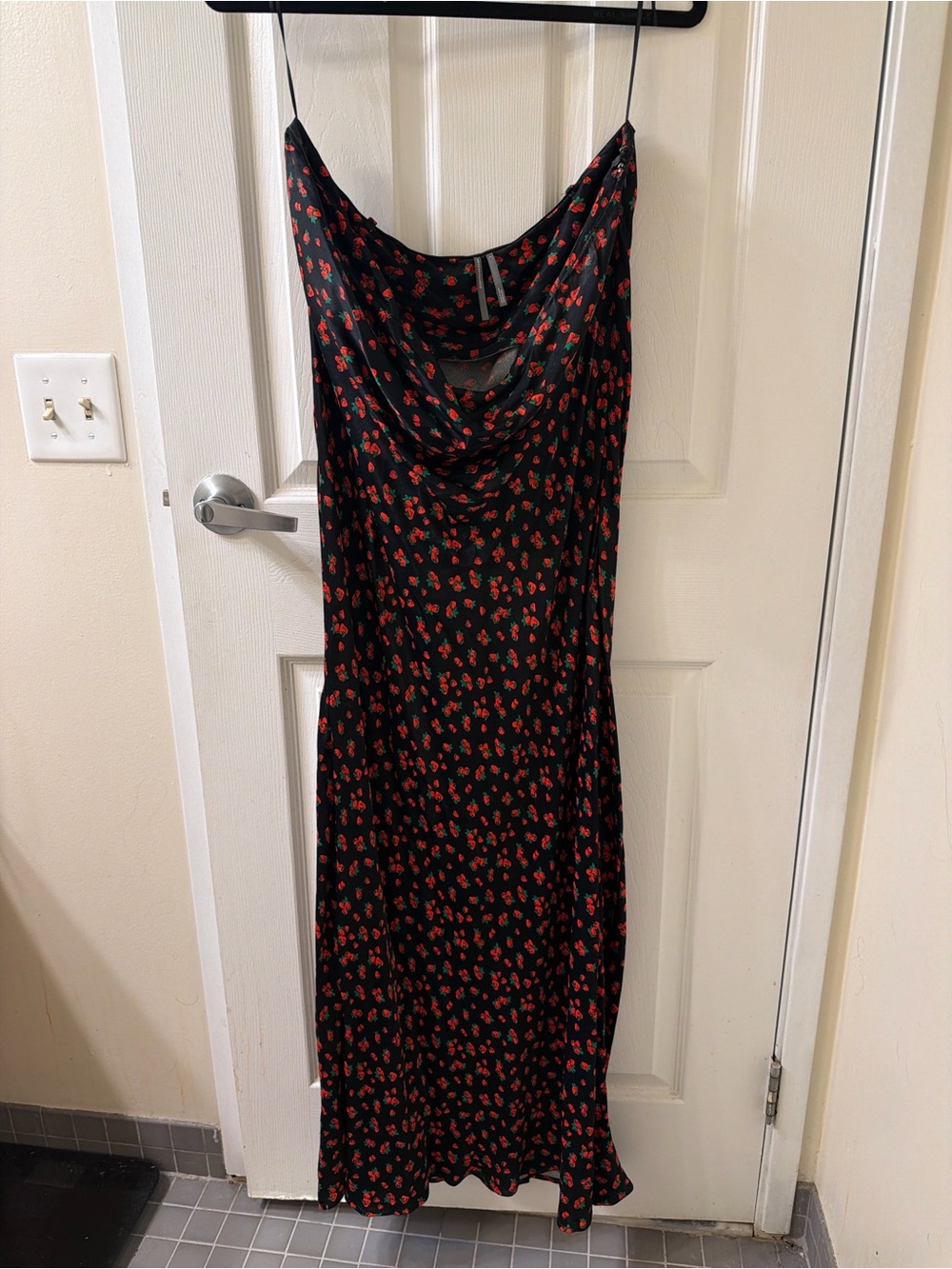 Anthropologie Black Maxi Slip Dress with Strawberry Print